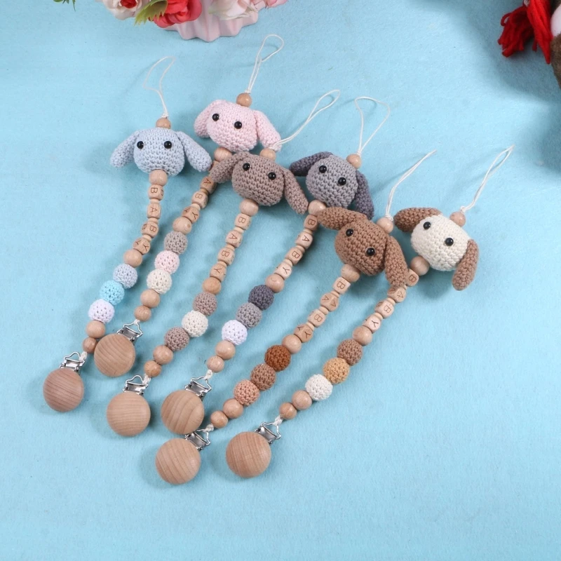 

Baby Pacifier Chain Clip Crochet Cartoon Animals Nursing Teether Soother Holder Beech Wooden Clip DIY Dummy Nipple Holder