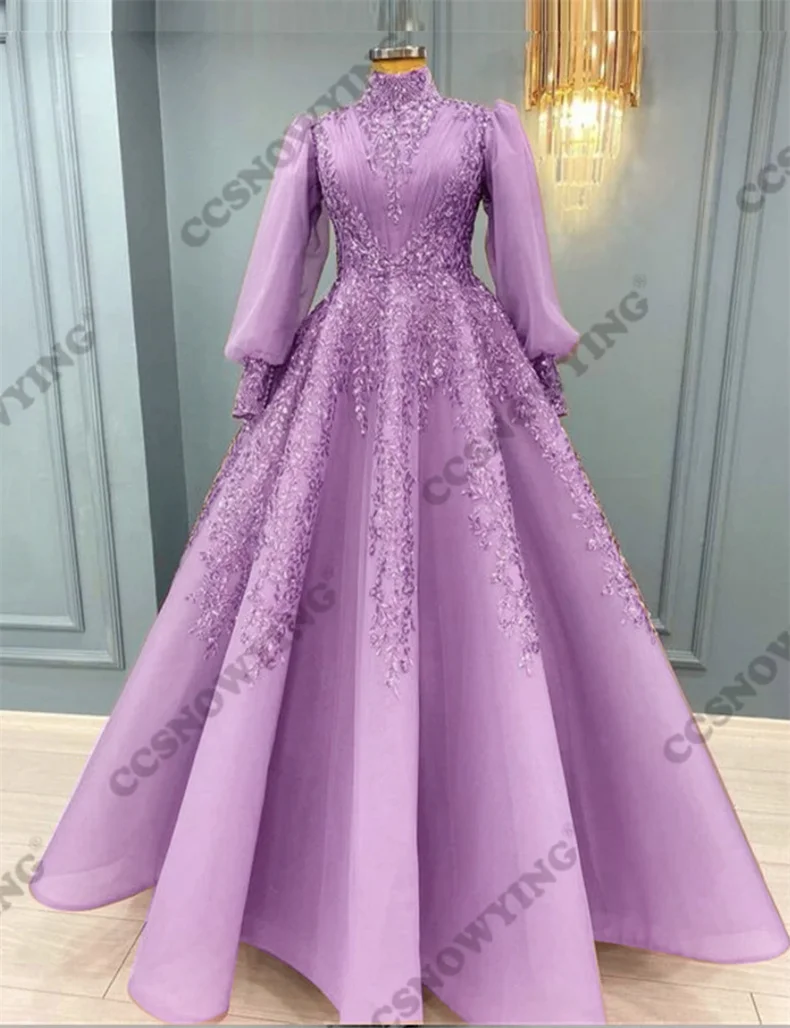 

Fashion Organz Appliques Muslim Hijab Evening Dresses Arabic Dubai Long Sleeve High Neck Formal Party Gown Robes De Soirée