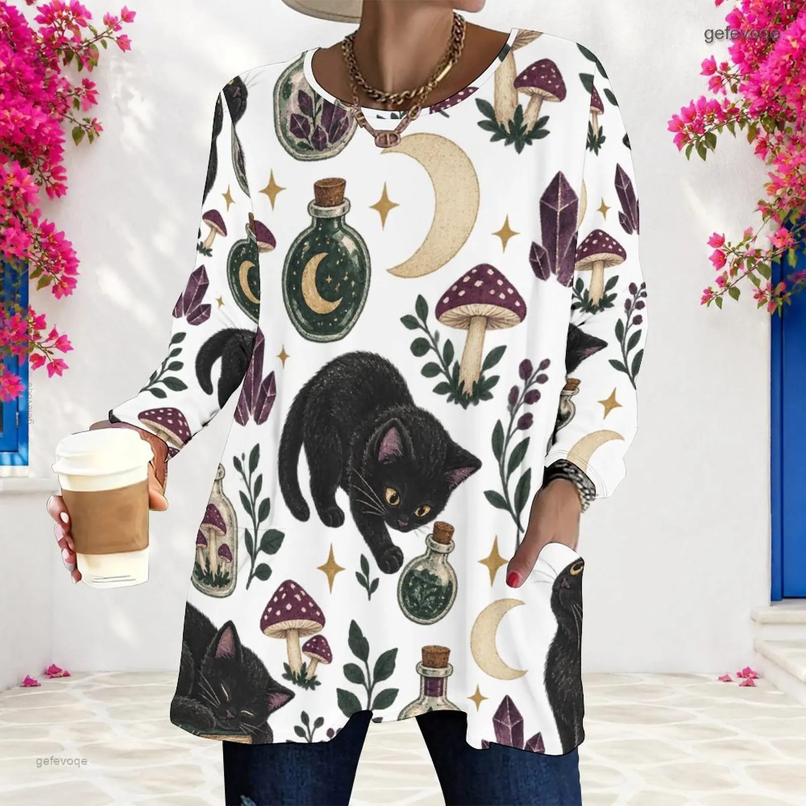 Women Round Neck Long Sleeve Loose Top, All Over Printed Cute Baking Ghost Cookie Maple Leaf Pattern With Side Pockets