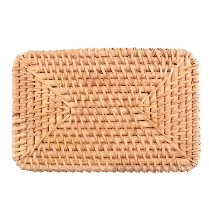 Hand-Woven Rectangular Rattan Wicker Basket Fruit Tea Snack Bread Picnic Cosmetic Storage Box Kitchen Household Tools