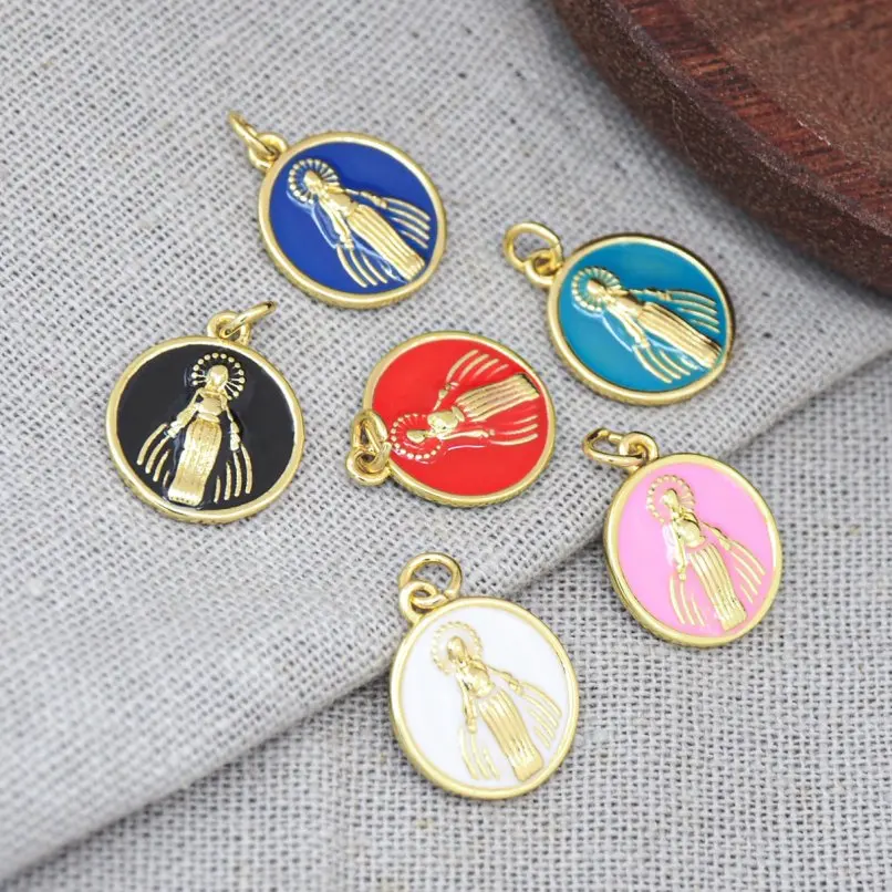 

2Pcs Enamel Copper Charms Gold Color Circle Face Religious Round Madonna Coin Shape Spiritual Pendant Jewelry