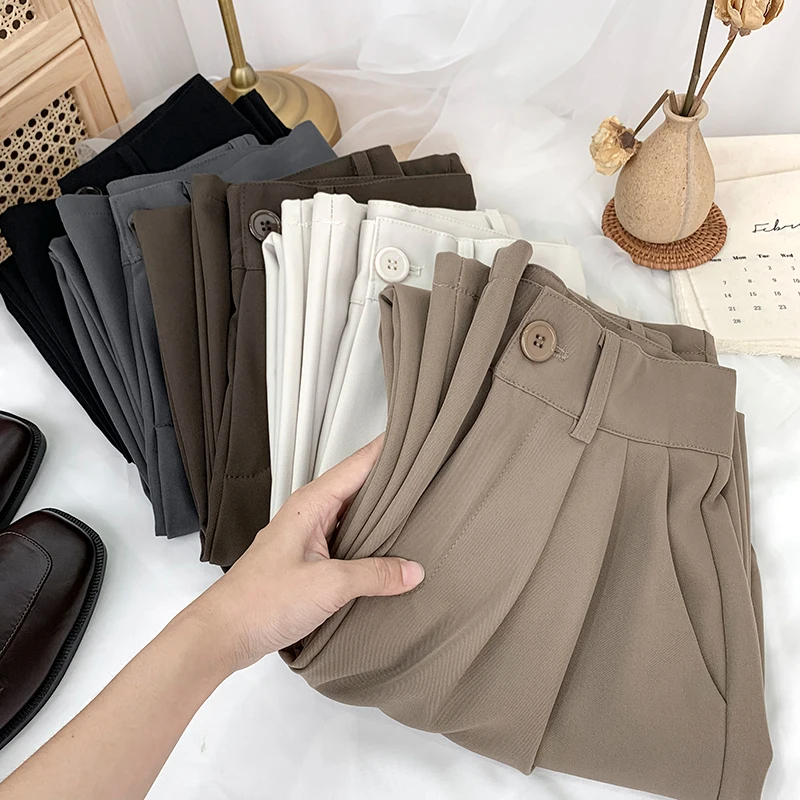 High Waist Wide Leg Suit Pants Women's Autumn Loose Casual Floor-Length Straight Cut Trousers Fashionable Korean Style