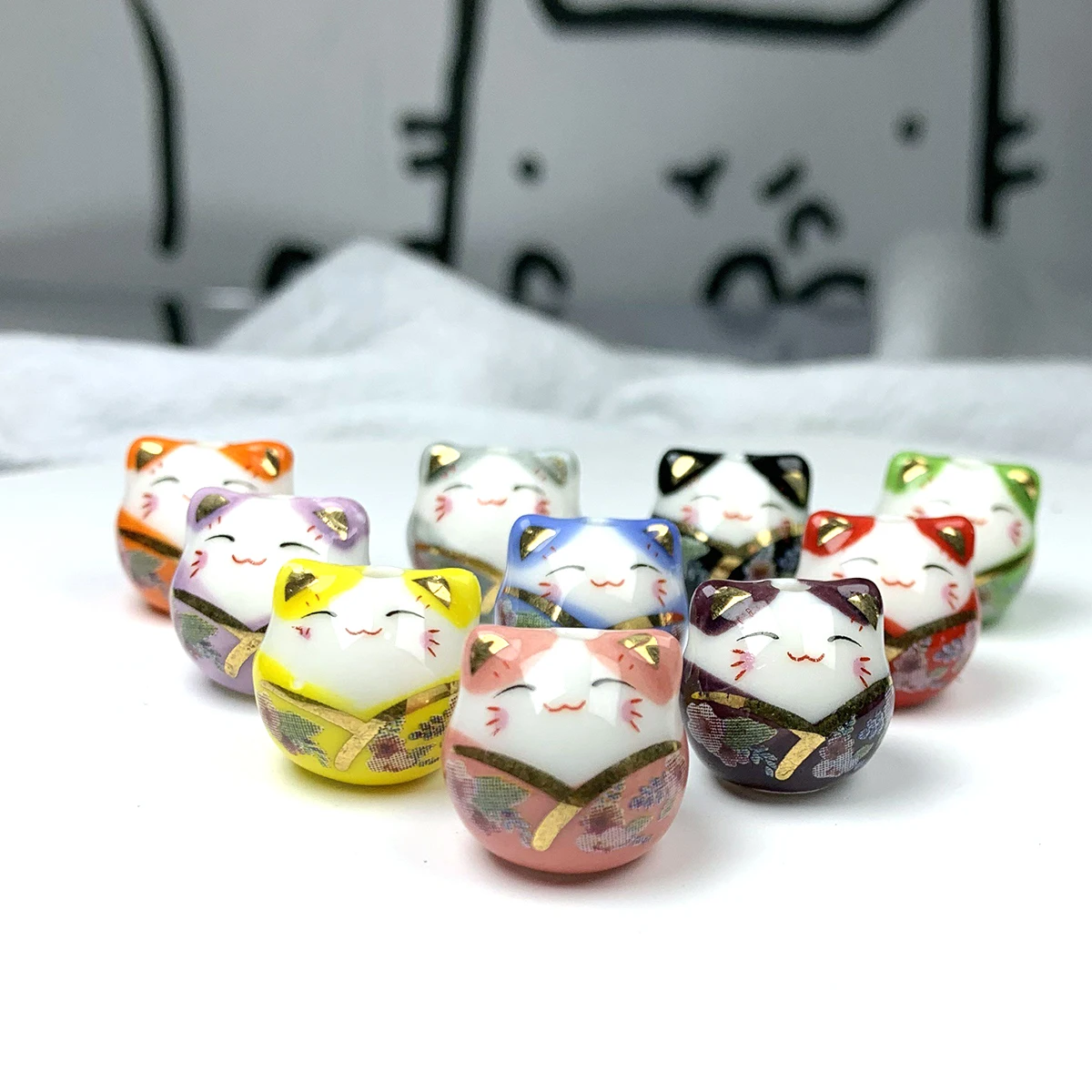 15x14mm 5pcs/10pcs Anime Lucky Tie Cat Ceramic Beads Colorful Ceramic Bead For Jewelry Making Keychain Bracelet Necklace Gifts