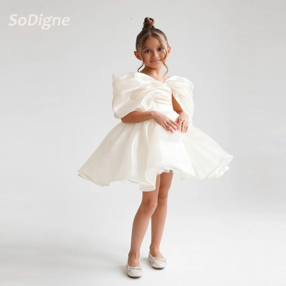 

SoDigne A-line Satin Short Flower Girl Dress Off Shoulder 2026 Girls Skirt Party Dresses Mini Kid Princess Gown Customized