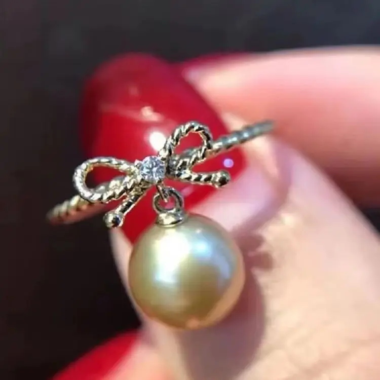 S925 pure silver small fresh bow style adjustable opening ring AAAA8-9mm natural pearl ring