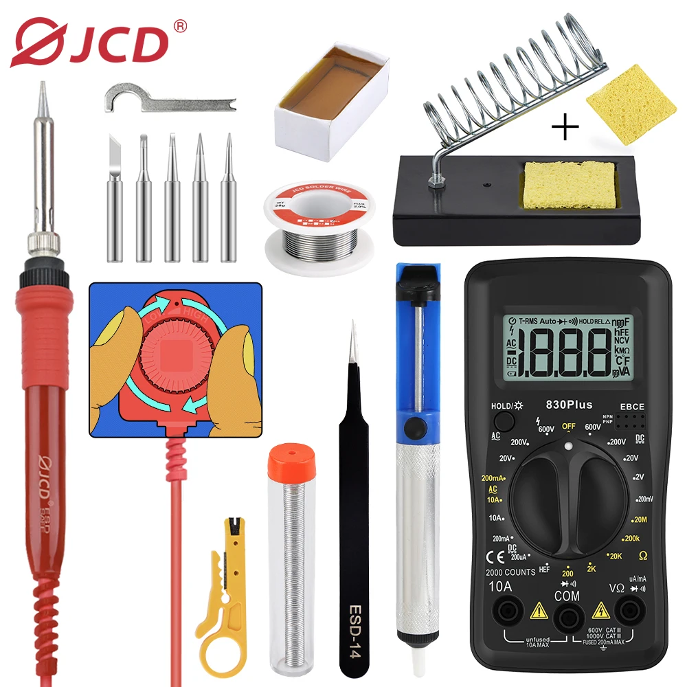 

JCD Soldering Iron 908 Adjustable Temperatures 60W With Big Turn Button For Soldering Welding Equipment 110V220V And Multimeter