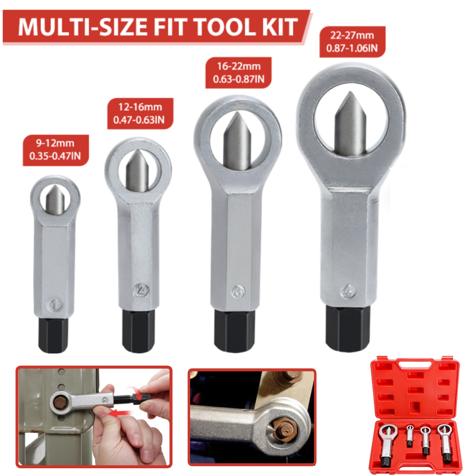 4PCS Nut Splitter Set for Removing Corroded Stuck Broken Nuts Manual with Compact Tool Caddy for Removing Damaged Nuts 9-27mm