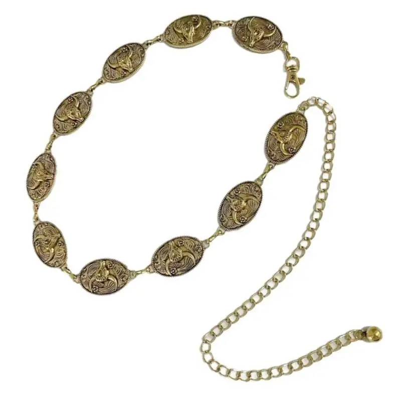 P9FE سلسلة متقنة سلسلة البطن لفستان حزام على شكل سلسلة للنساء الخصر حزام على شكل سلسلة المنحوتات الخصر سلسلة حزام طويل القرون