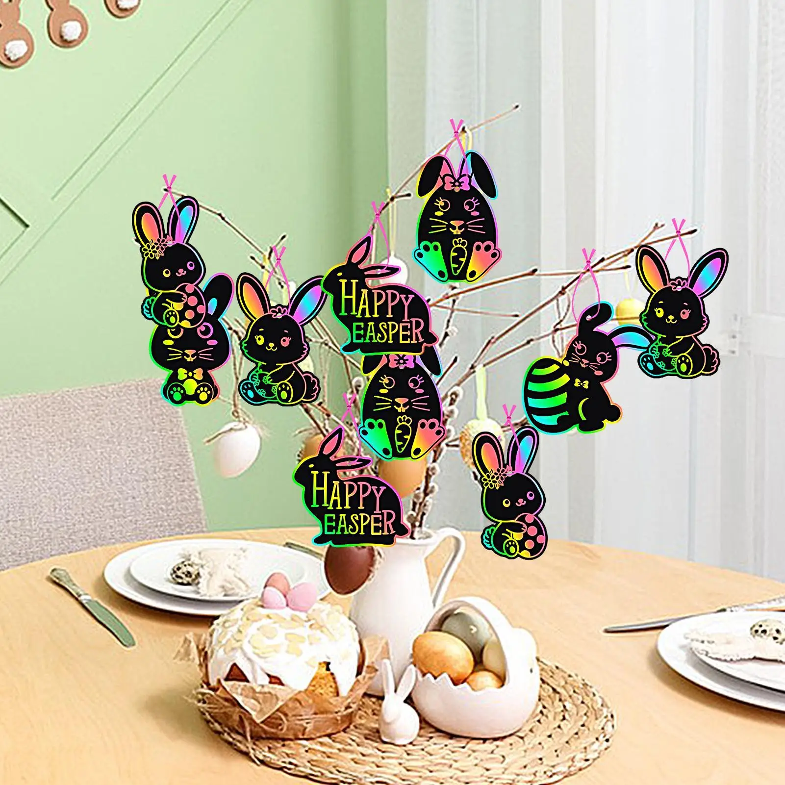 Easter Scratch Paper 24X Scratch off Cards Art Crafts Ornaments Cute Bunny Scratch Egg Basket Stuffers with Stick and Ribbon for