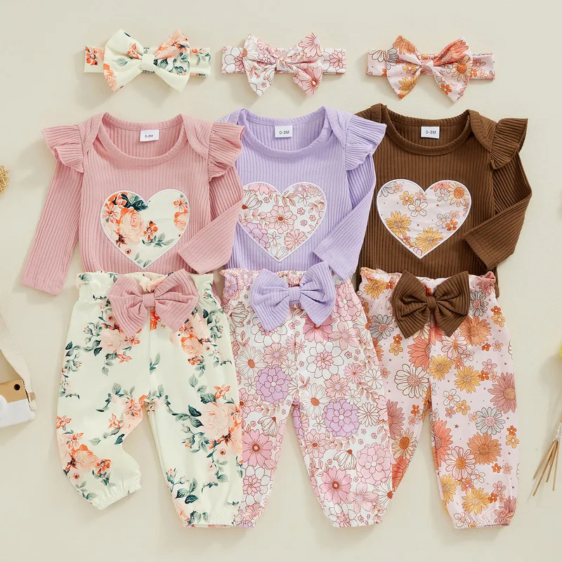 RUEWEY 0 to 18 Months Baby Girls Pant Sets Spring Autumn Clothes Floral Long Sleeves Bodysuit and Elastic Pants Headband