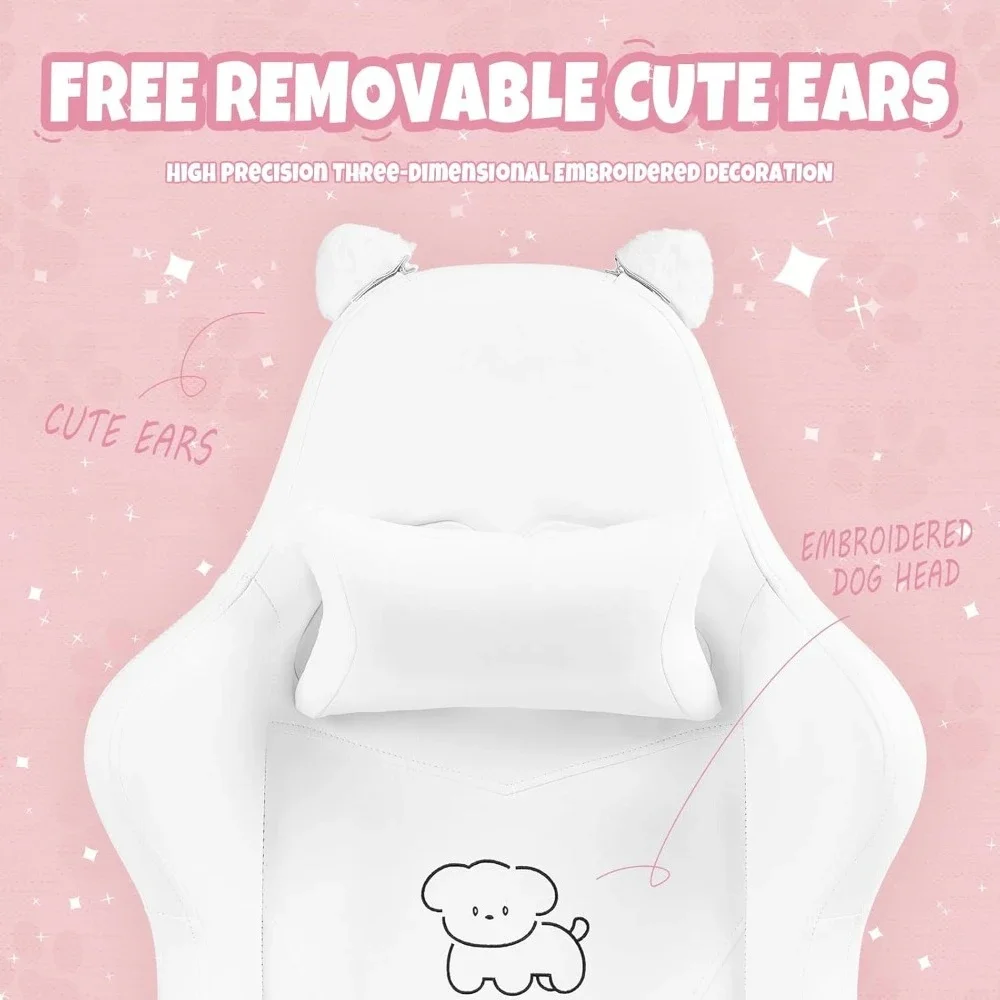 Cute Gaming Chair with Lumbar Cushion and Decorative Ears, Ergonomic Computer Chair with Footrest
