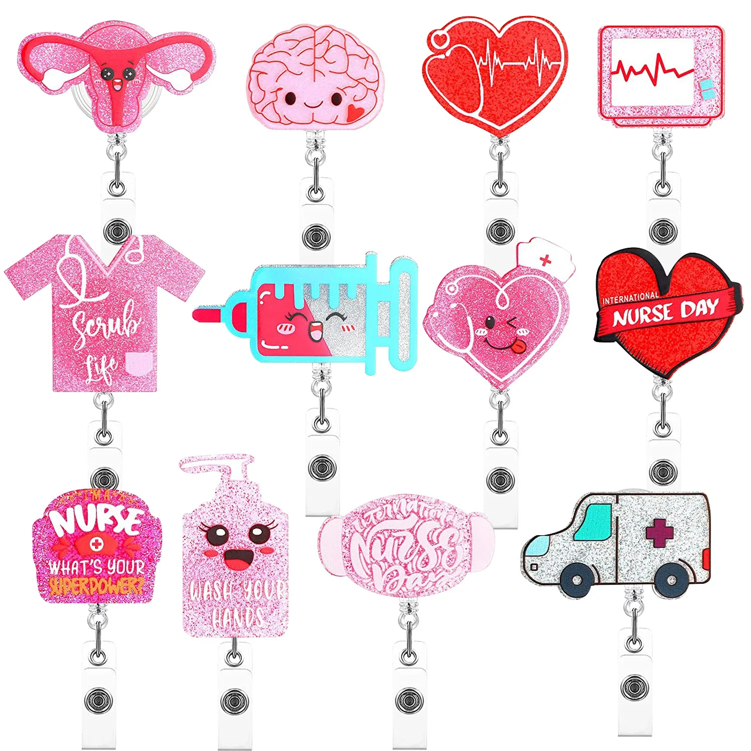 1Pcs Glittler Acrylic Resin Retractable Badge Reel ID Badge Holder For Nurses Healthcare Nametag Holder