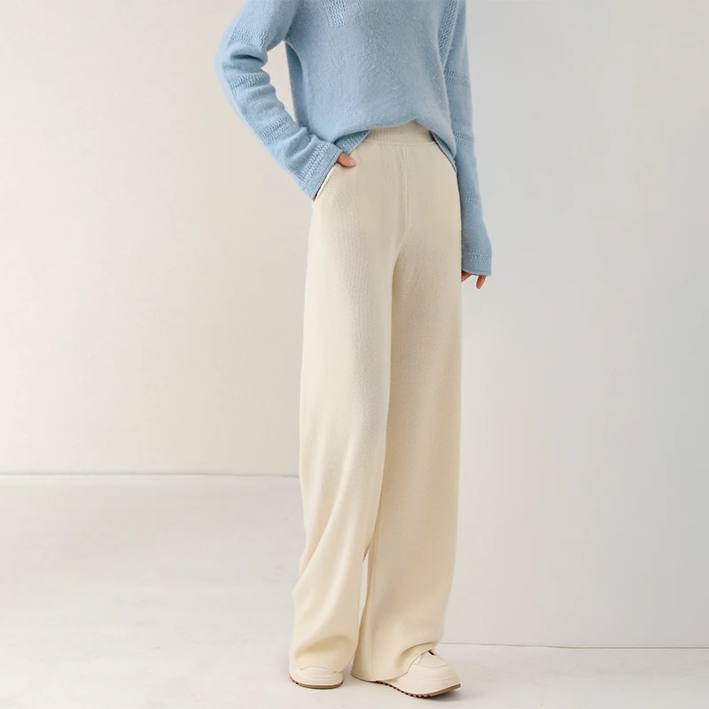 Women Wool Wide Leg Trousers Elastic Waist Side Slit Woman Wool Pants Autumn Winter 100% Merino Wool Knitted Soft Warm Trousers