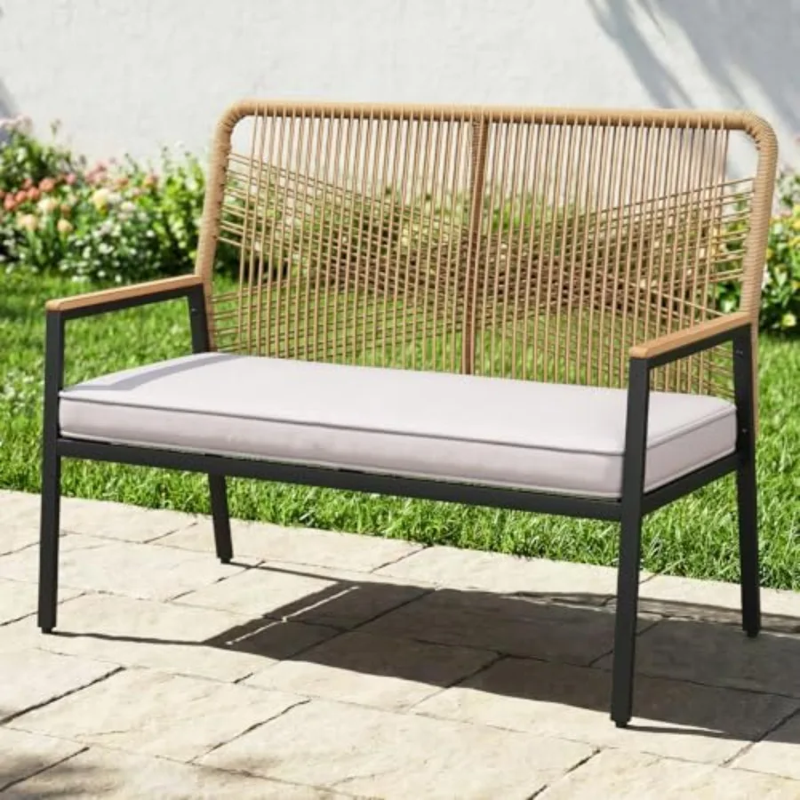 

Outdoor 2-seat rattan bench for garden balcony porch: WPC armrest ergonomic curved backrest 3.15in thick cushion 500 lbs capaci