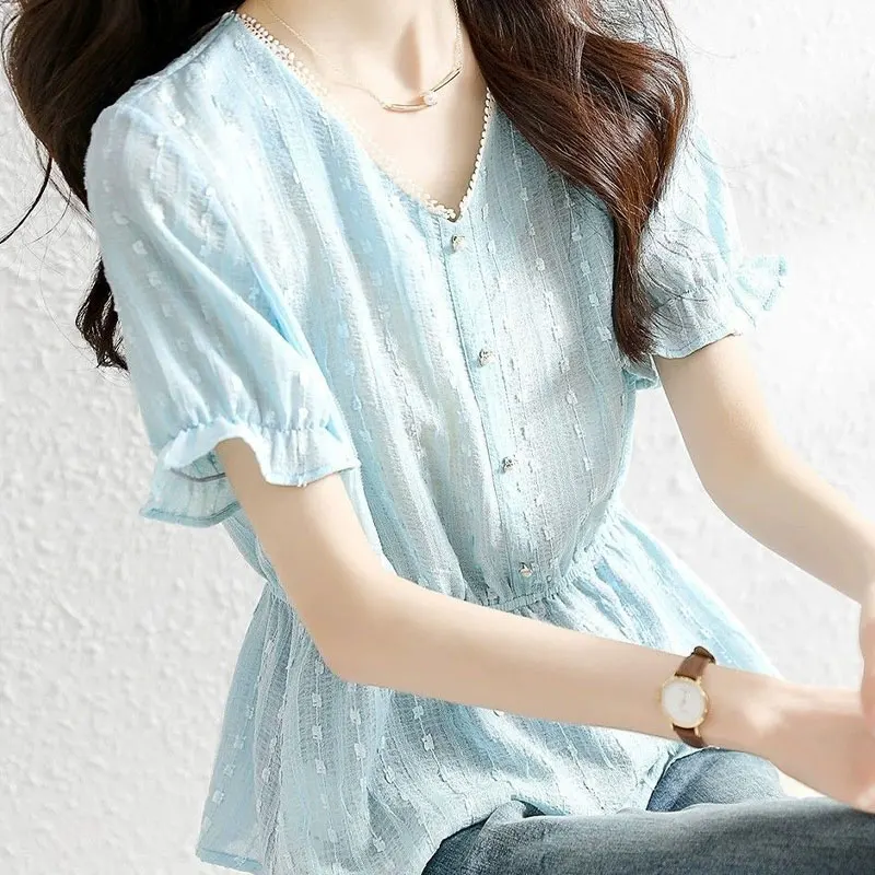 Women\'s Clothing Commute Waist Shirt Fashion Lace Spliced 2024 Summer Basic Short Sleeve Casual Slim Pearl Elegant V-Neck Blouse