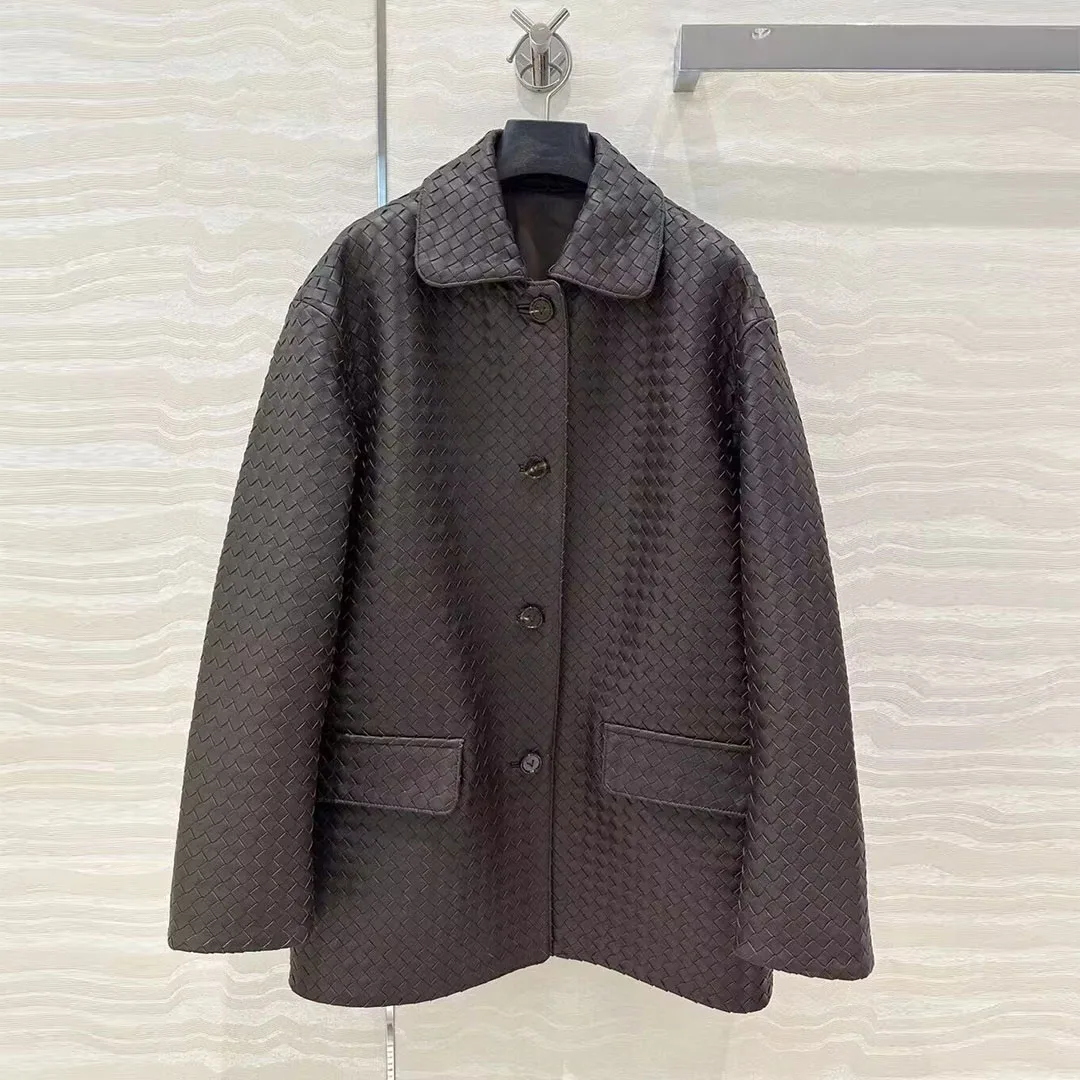 ヴィンテージ風クロシェ格子柄100%羊革レザージャケット レディース ラペル 長袖 シングルブレスト ポケット付き ストリートウェア ロングジャケット