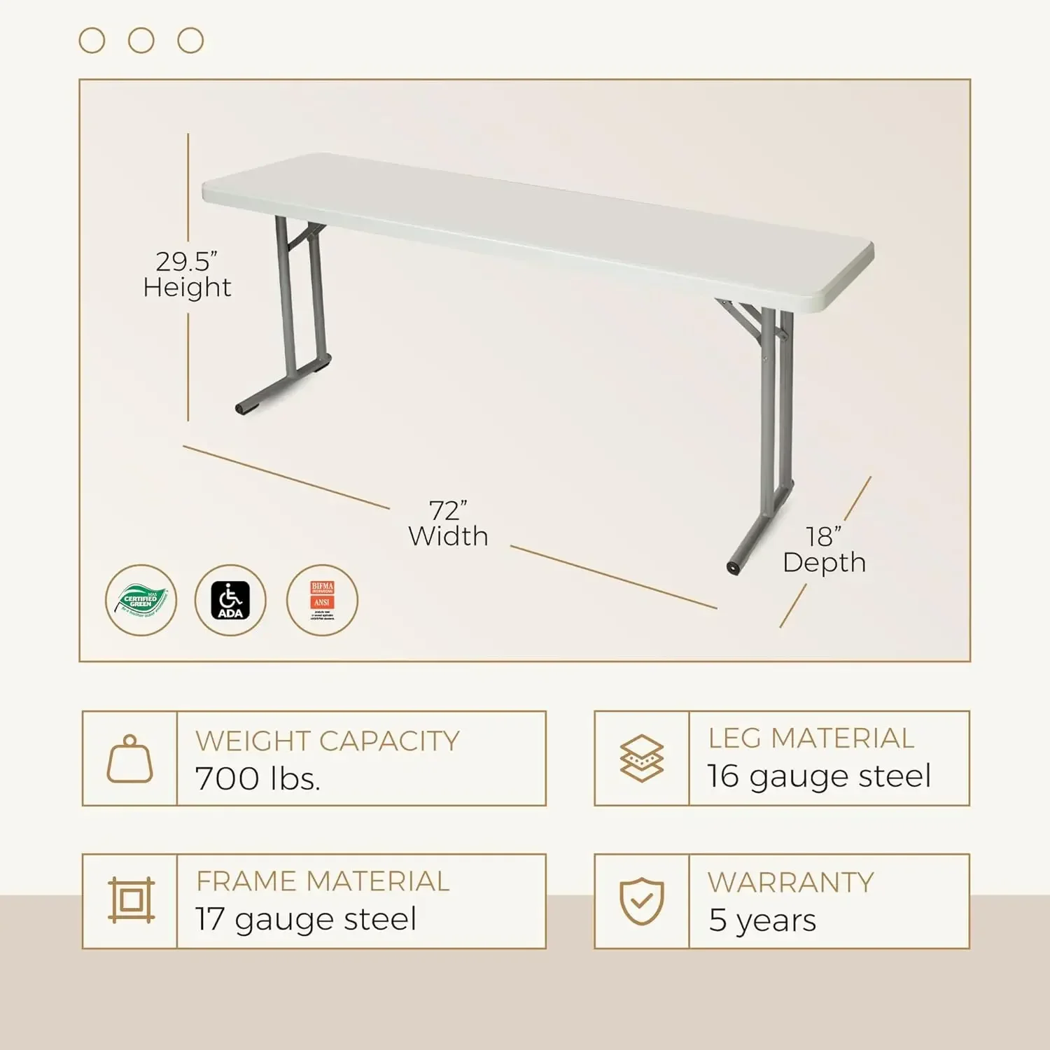 Table pliante de séminaire RapDuty, 8 pieds, 18 po x 96 po, gris clair