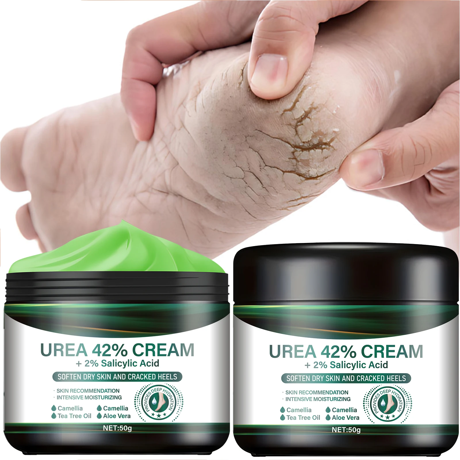 Urea 42 % Fußcreme mit Salicylsäure – Intensive Reparatur von rissigen Fersen, Teebaum und Aloe, schnelle Absorption, Wintertherapie