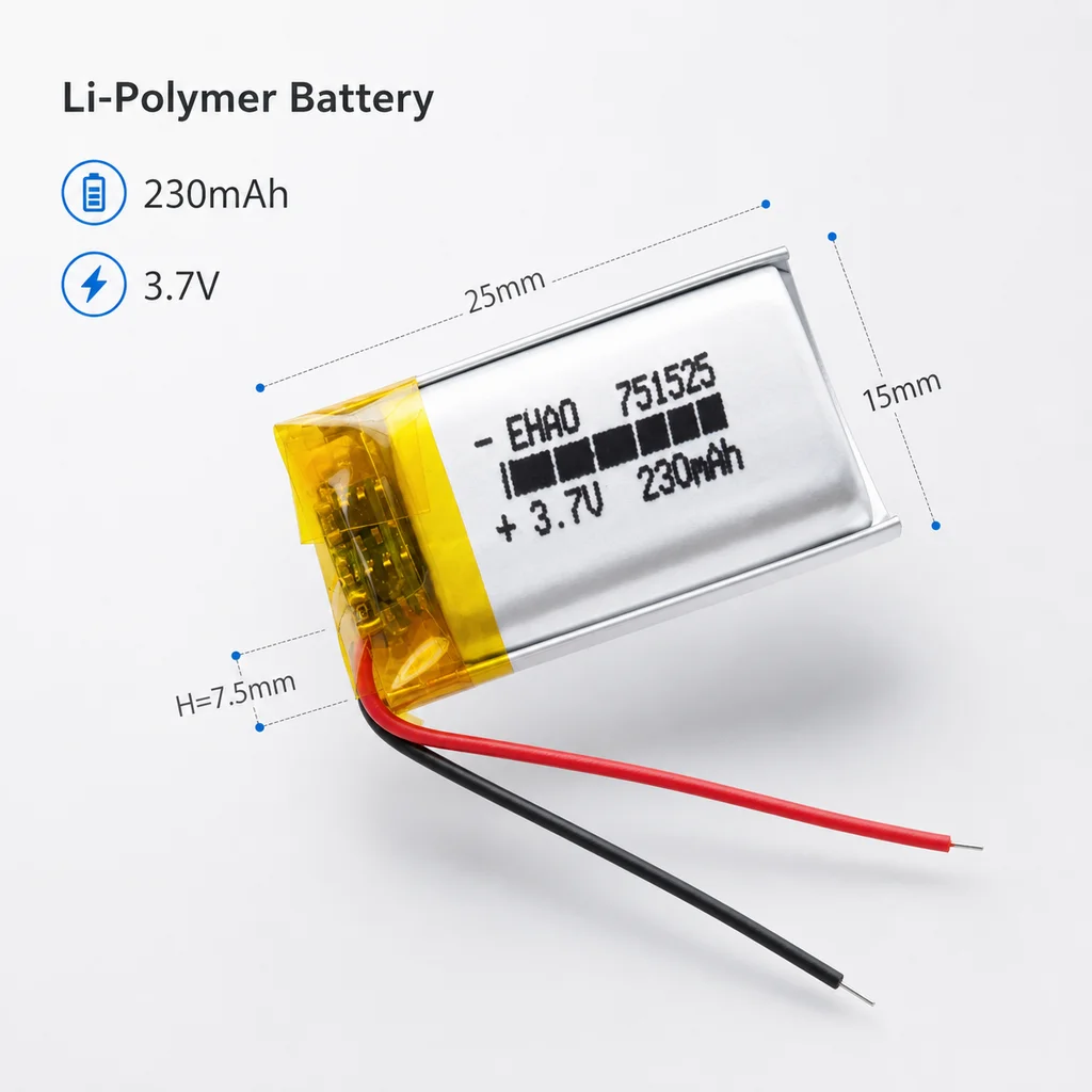 Lithium Polymer Battery 751525 3.7V 230mAh LiPo Rechargeable Cell Replacement For MP3 Massager LED Light Bluetooth Watch