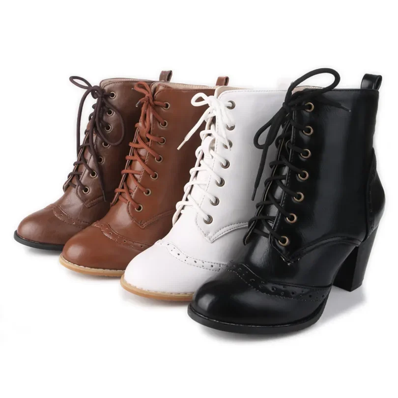 Plus Size Winter Women Ankle Boots Black Brown Black High Block Heels Round Toe Casual Office Ladies Lace Up Vintage Short Boots