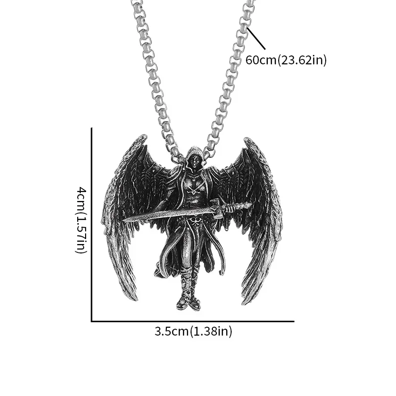 Retro Mythical Sword Archangel Michael Wings Pendant Necklace Men\\\'s Fashion Cool Amulet Jewelry Accessories