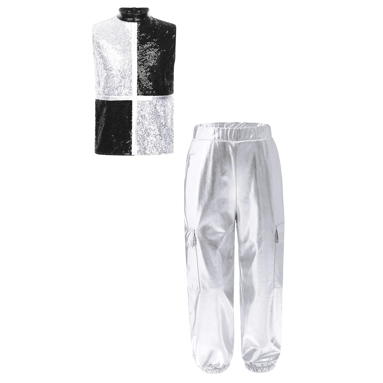 Fashion Children Modern Hip Hop Clothes Kids Boys Metallic Jazz Dance Costume Shiny Sequins Color Block Top with Cargo Pants