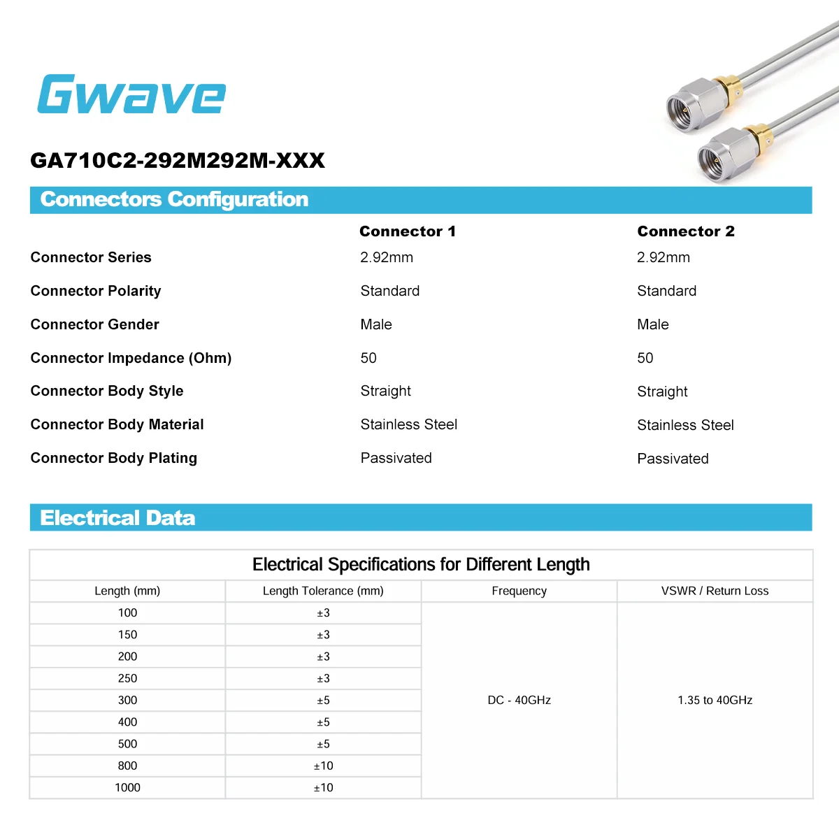 2.92mm Male To 2.92mm Male Coaxial Cable DC-40GHz Cryogenic Made Of 086 Semi-Rigid Stainless Steel For Communications