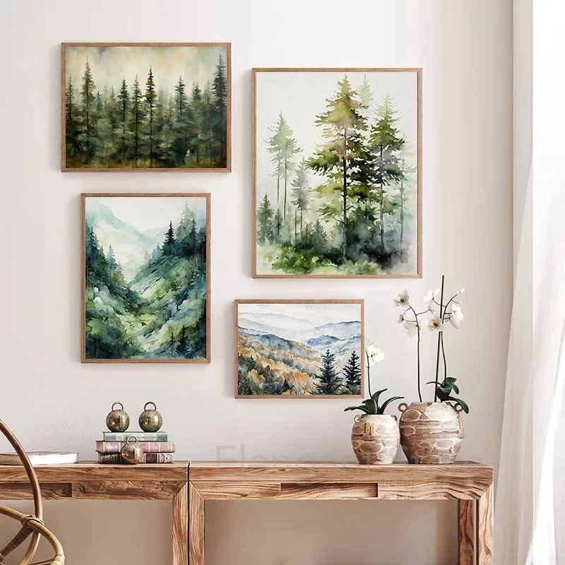 Watercolor Evergreen Pine Tree Lighthouse Foggy Forest Mountain Landscape Poster Canvas Painting Wall Art Pictures Home Decor
