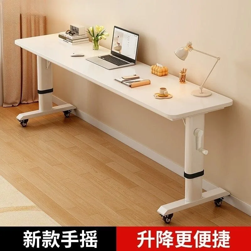 Adjustable Overbed Laptop Desk with Wheels | Bedroom Furniture Rolling Computer Table | Hand Crank Solid Wood Desk