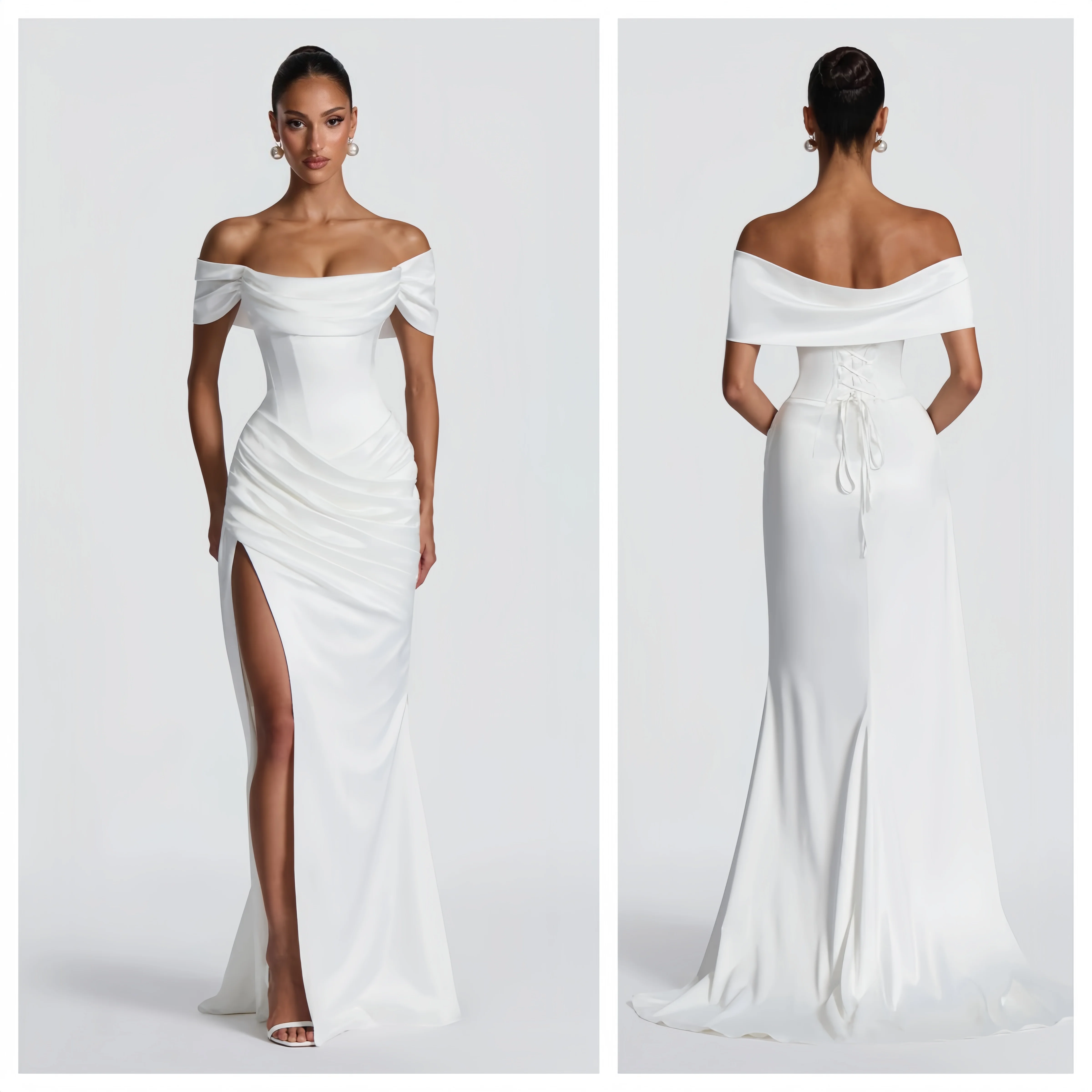 

Elegant Off Shoulder Satin Customized Mermaid Wedding Dresses Boho Side Slit Pleats Corset Evening Cocktail Prom Party Vestidos