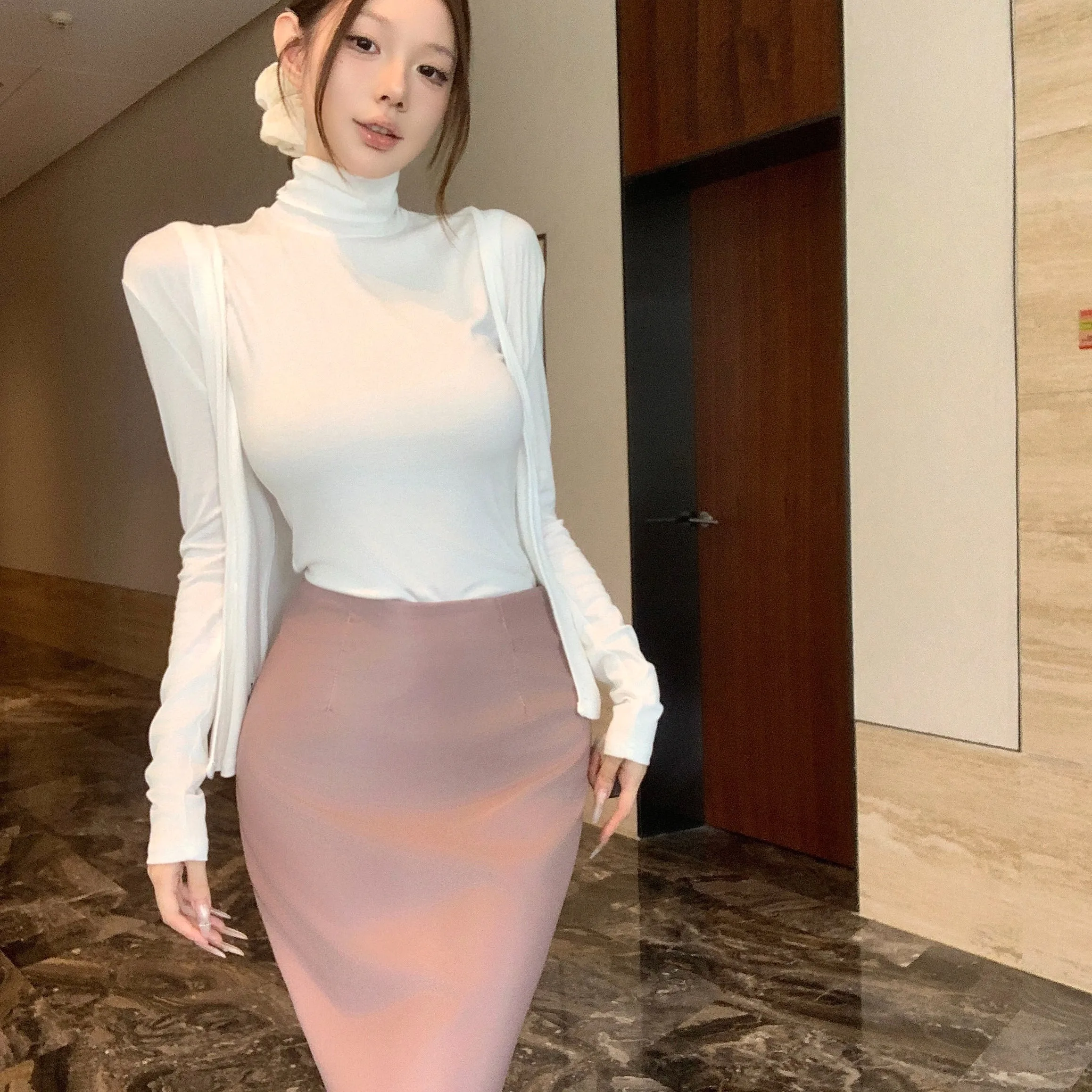 

Korean Sle High Collar Slim Fit Svel Cardigan Two Piece Set Women's Faion Casual Wear Winter Season Casual Sle