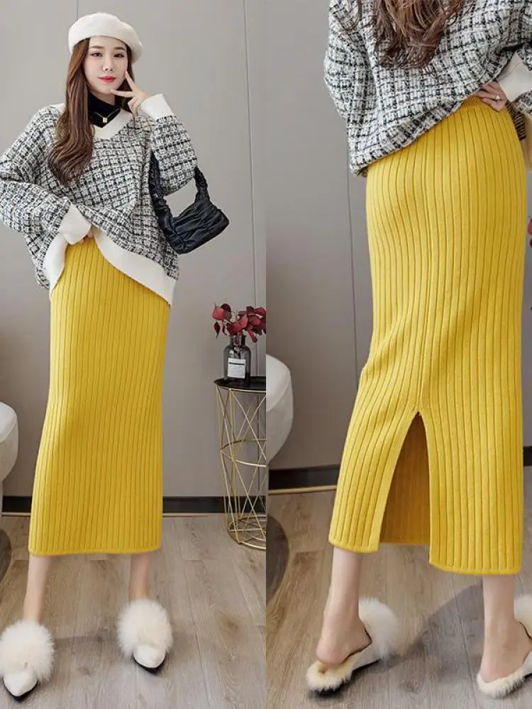 ผู้หญิงลายดินสอ Midi ถักกระโปรงสุภาพสตรีฤดูใบไม้ร่วงฤดูหนาว Warm ตรงยืดหยุ่นเอวสะโพกแยกกระโปรง