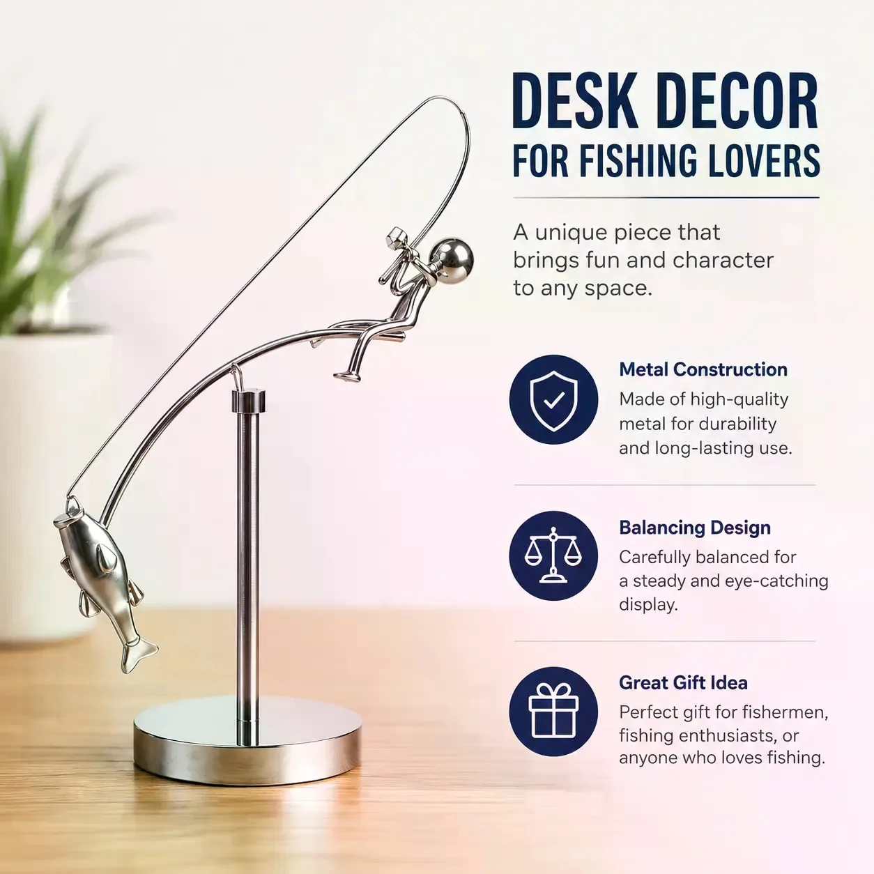 Metal Fisherman Sculpture Desk Decor, Handmade Fishing Angler Statue, Office Desktop Ornament, Fishing Lover Gift for Dad, Husband, Grandpa, Home Decoration