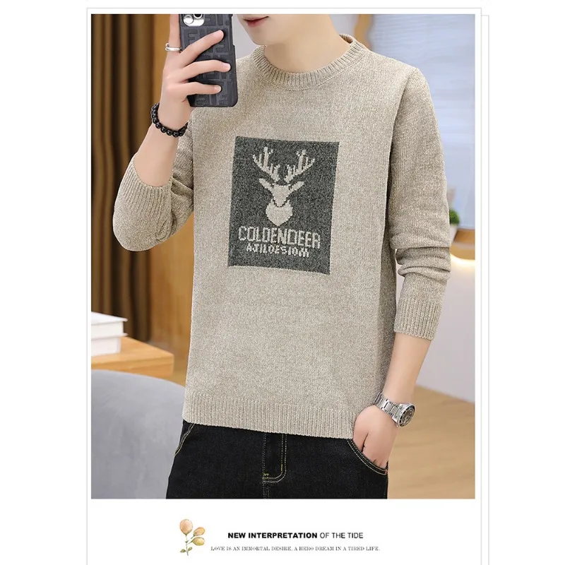 Men\'s Fashion Deer Head Print Long Sleeve Sweater Casual Comfort Crew Neck Jumper