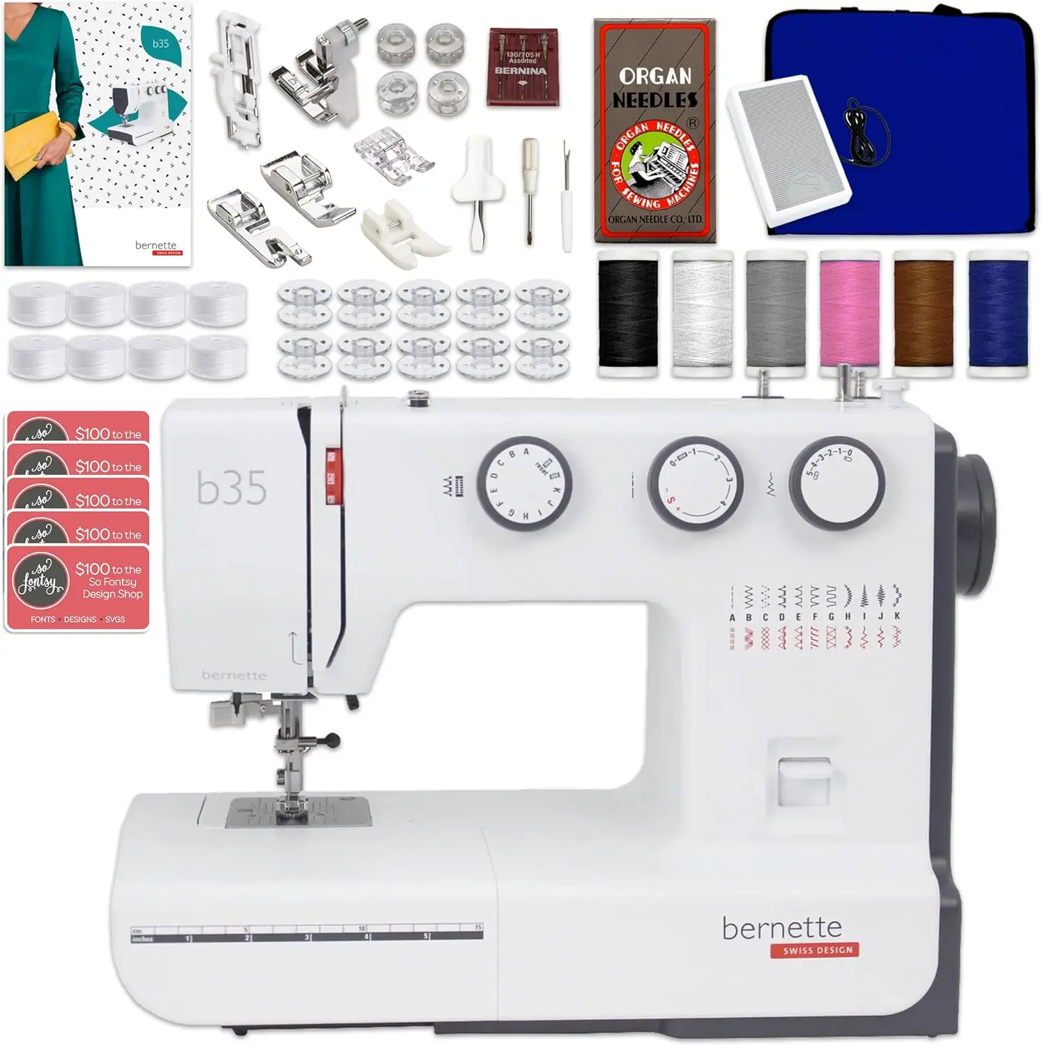 B35 Sewing Machine With Deluxe Sewing Bundle With Embroidery Designs, Accessoires, And More