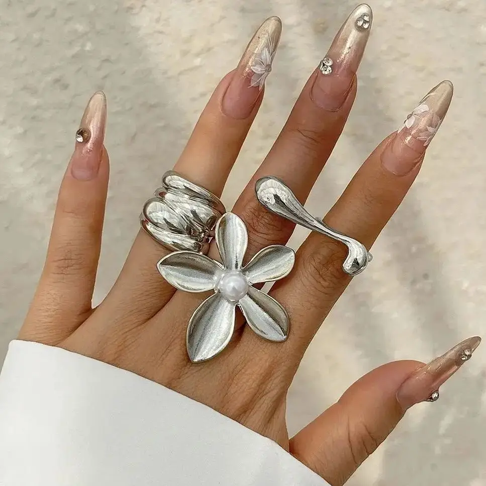 DIEZI French Style Irregular Flower Pearl Rings For Women Men Geometric Gold Silver Color Knuckle Joint Ring Jewelry 2024 New