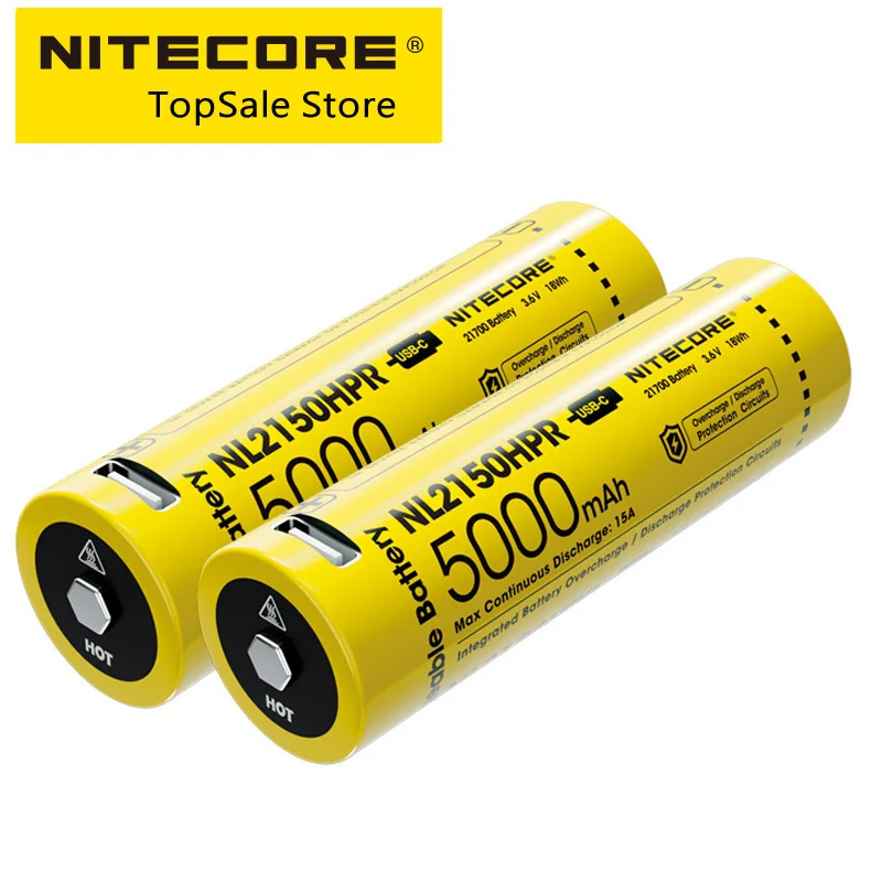 Nitecore-充電式リチウムイオン電池,USB-Cポートの内蔵,15a,5000mah,高排水,無制限のエネルギー,懐中電灯,nl2150hpr 21700