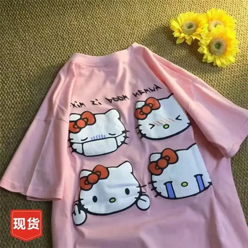 Korean Casual Women T-shirt Vintage Casual Hello Kitty Print Unisex T-shirt Student Couple Short Sleeve Summer T-shirt Goth Tops