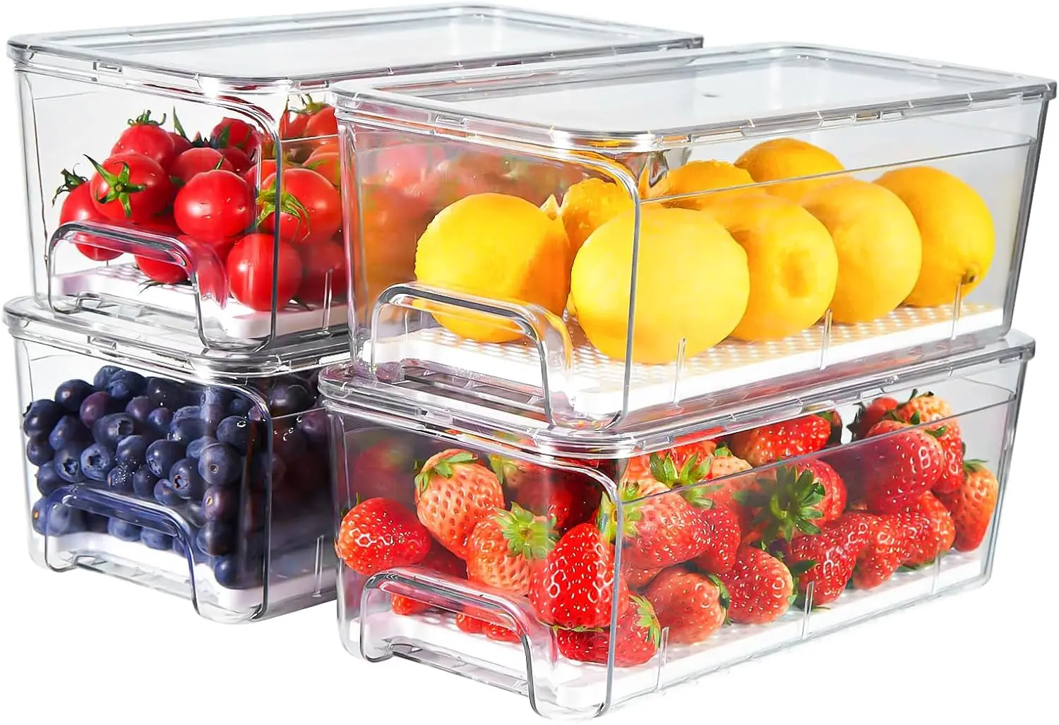 

4-Pack Clear Stackable Fridge Organizer Bins with Strainer for Fruits Vegetables Snacks