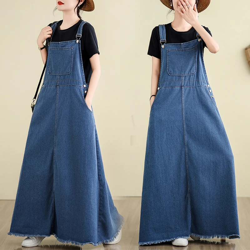 Summer New Solid Color Oversized Women's Chic Minimalist Tassel Patchwork Pockets Button Casual Loose Suspenders Denim Dresses