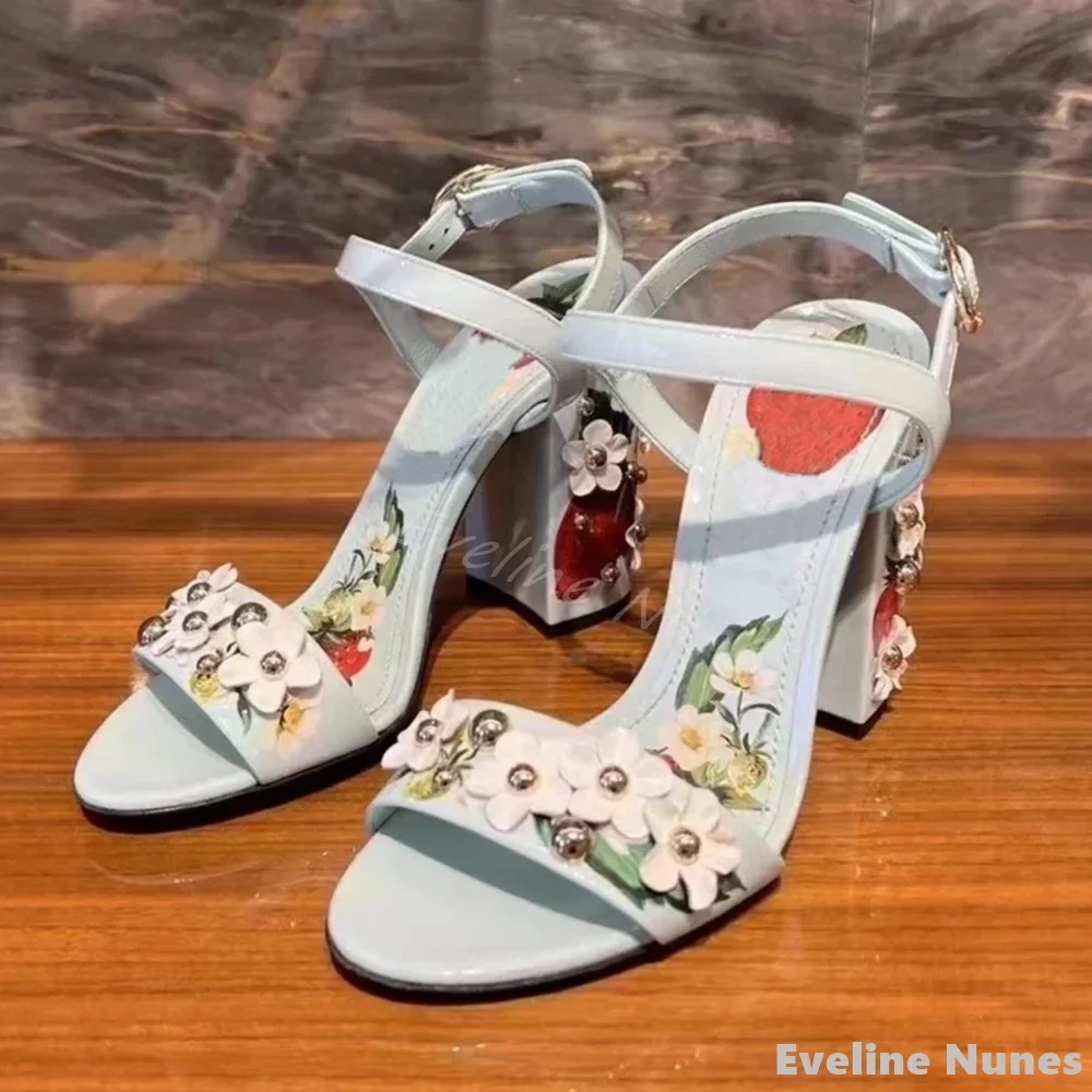 Rhinestone Flowers One Word Belt Sandals Women Round Toe Chunky Heel Strawberry Print Sandals 2025 Summer New Ankle Strap Sandal