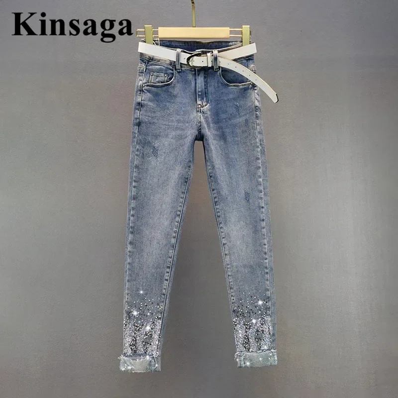 

Minimalist Drill Revers Ankle Banded Jeans Female Elegant 90s Aesthetic Sequins Lace Cuffed Pencil Jean Women Retro Demin Pants