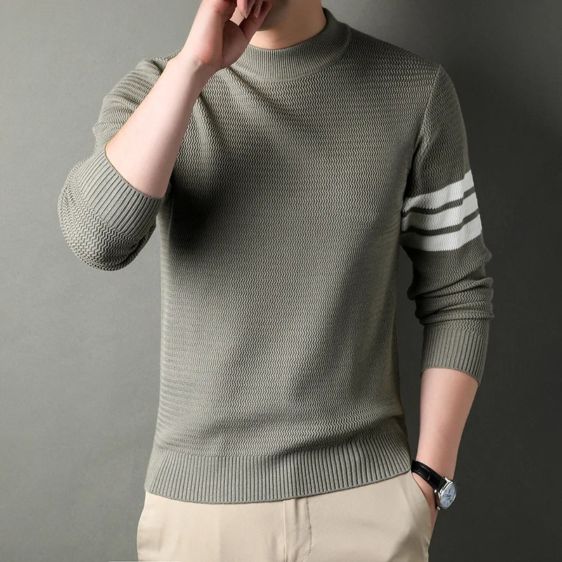 

Fall and Winter New Men's Bottoming Shirt Sleeves Three Bar Water Wave Detail Texture Casual Versatile Pullover Shirt