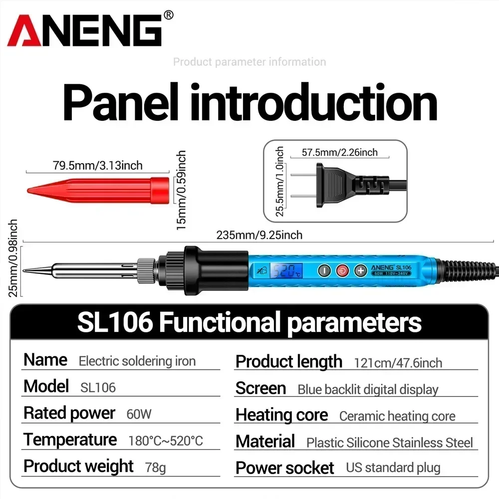 ANENG SL106 Black/Red/Blue Welding Equipment US/EU 16/17 Kit Electric Soldering Iron 60W Portable 3 Button Keys Tips Repair Tool