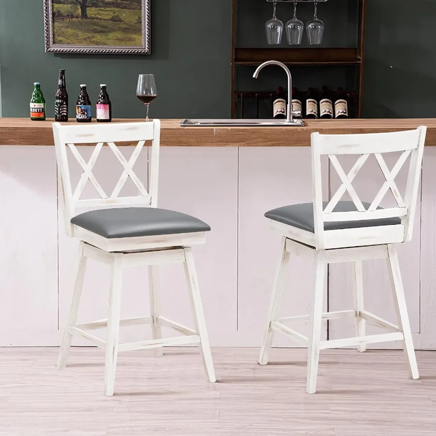 Bar Stool Set of 2 for Pub and Kitchen Islands, Antique White + Grey Upholstered Cushion with Ergonomic Backrest, 360 Swivel, 2
