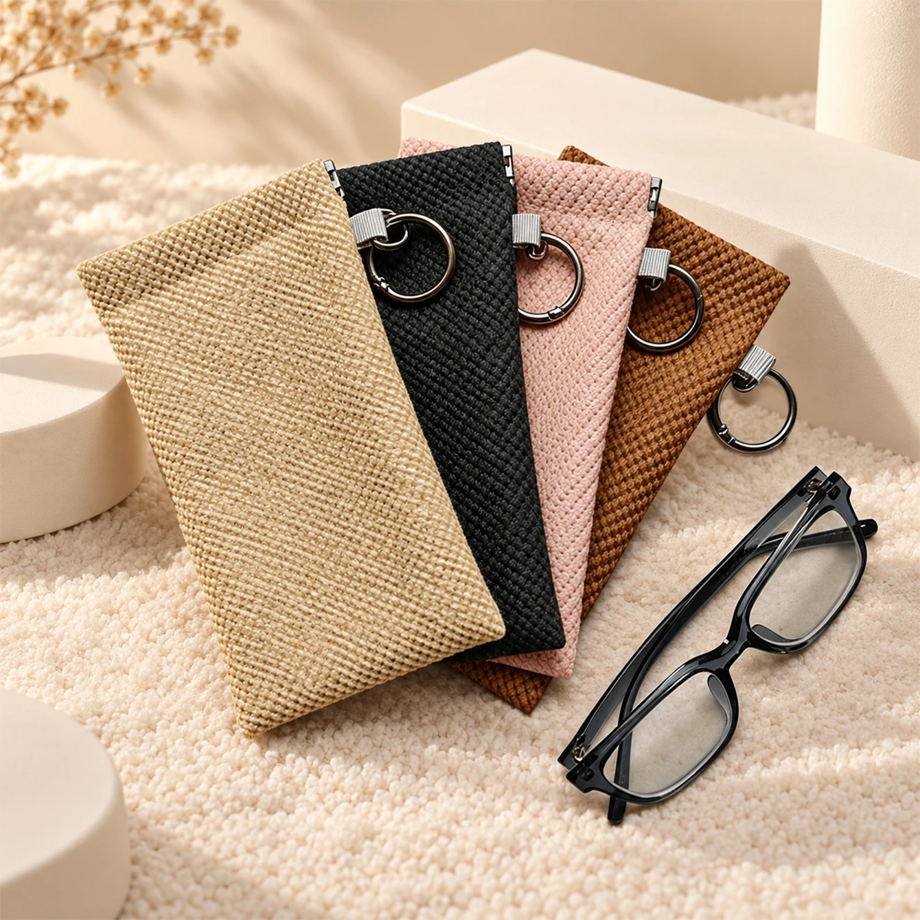 1pc Soft Woven Fabric Glasses Pouch With Keyring Ring Portable Anti‑scratch Slim Eyeglasses Storage Bag for Women Daily Travel