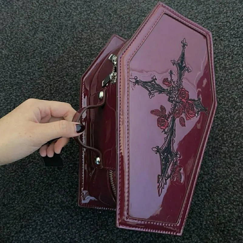 Creative and Unique Punk Red Leather Embroidered Hand Makeup Bag