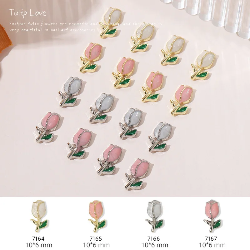 10Pcs Alloy Flower Shaped Nail Designs Charms 10x6mm Floral Designs Nail Metal 3D Decals Rhinestones For Nail Accessories