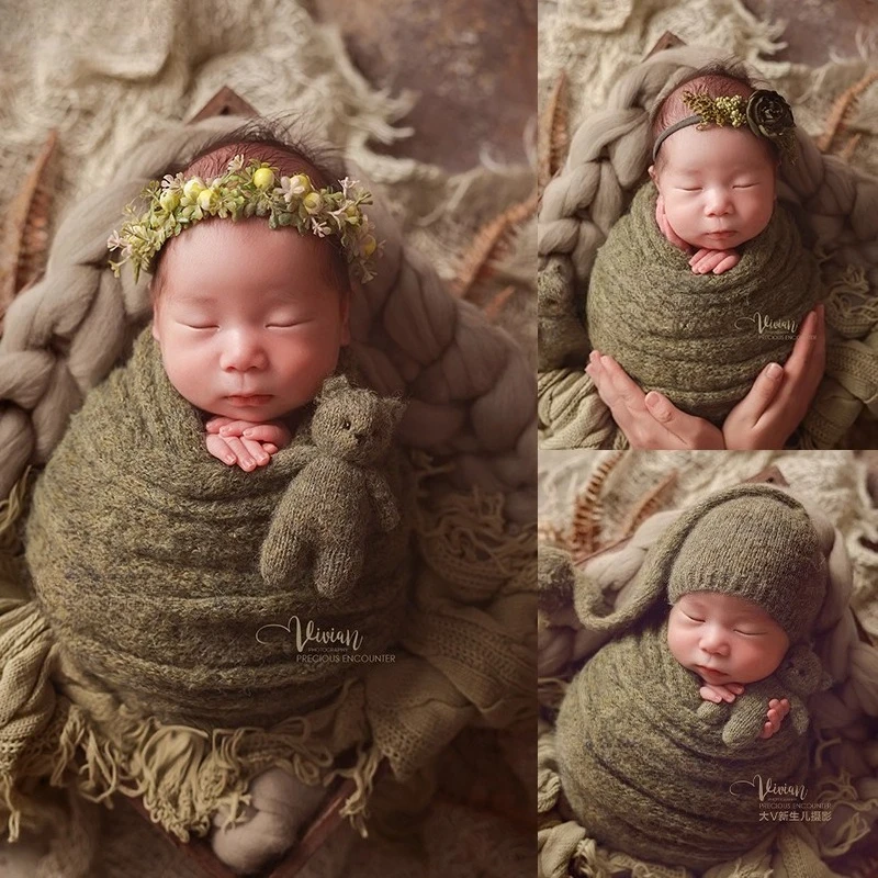 

Newborn Photography Props Floral Headband Green Knitted Hat Wrap Blanket with Posing Basket Accessories for Baby Photoshoot