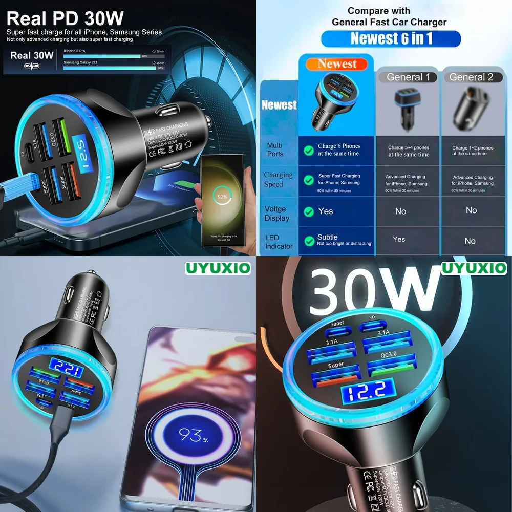 6 Ports PD 30W Super Fast LED Digital Display Car Charger Smart IC Chip Fast Charging for iPhone 17 16 15 14 Pro Max Plus Socket